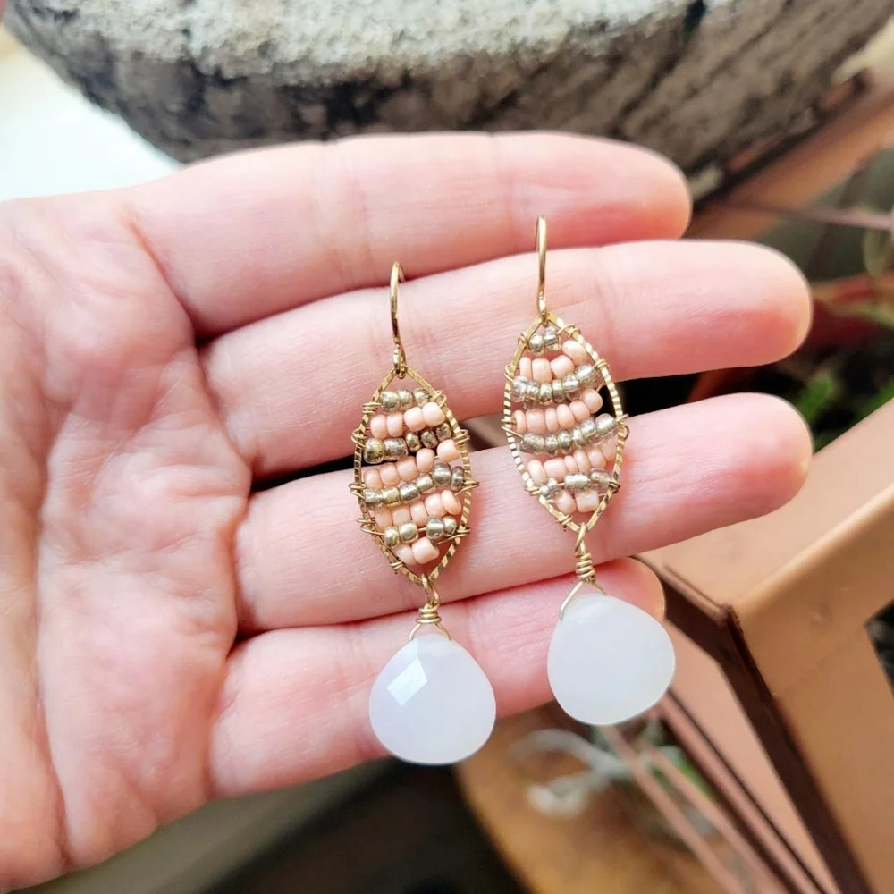 Handmade Pink & White Beaded Dangle Drop Hook Earrings